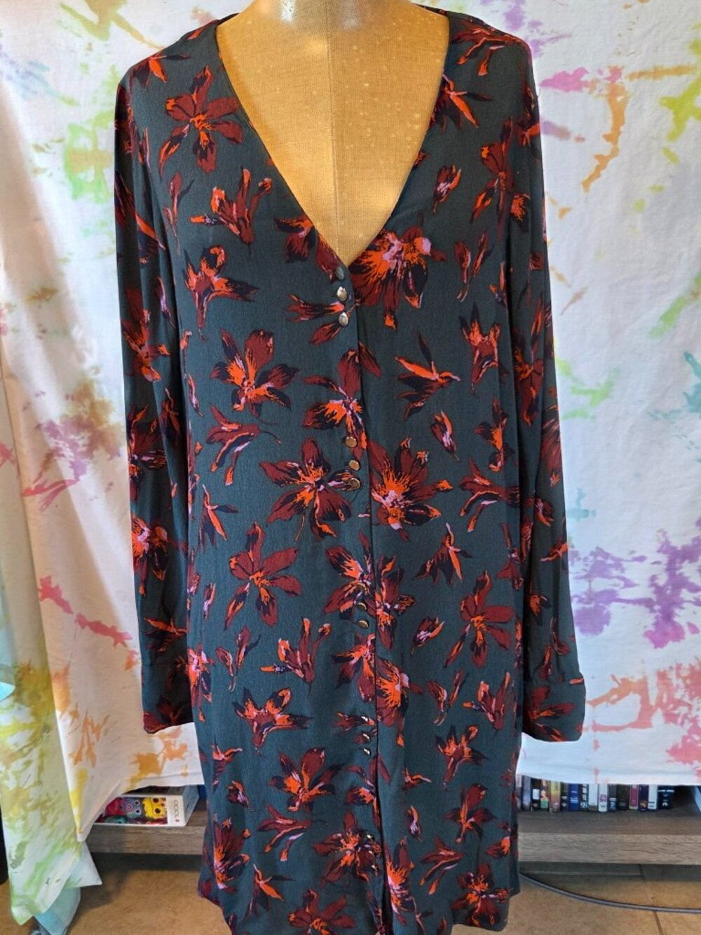 Madewell Forest Green Long-sleeve Floral Mini Dress with Gold Buttons